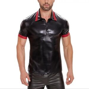 Men's Sexy Wetlook Leather/Latex Black and Red Polo Shirt Size L